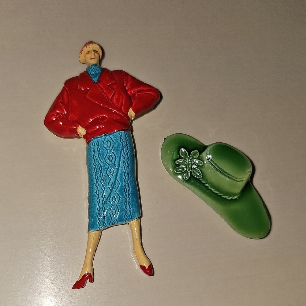 Vintage Handpainted Fashion Lady Brooch And Italian Green Hat Brooch Bundle